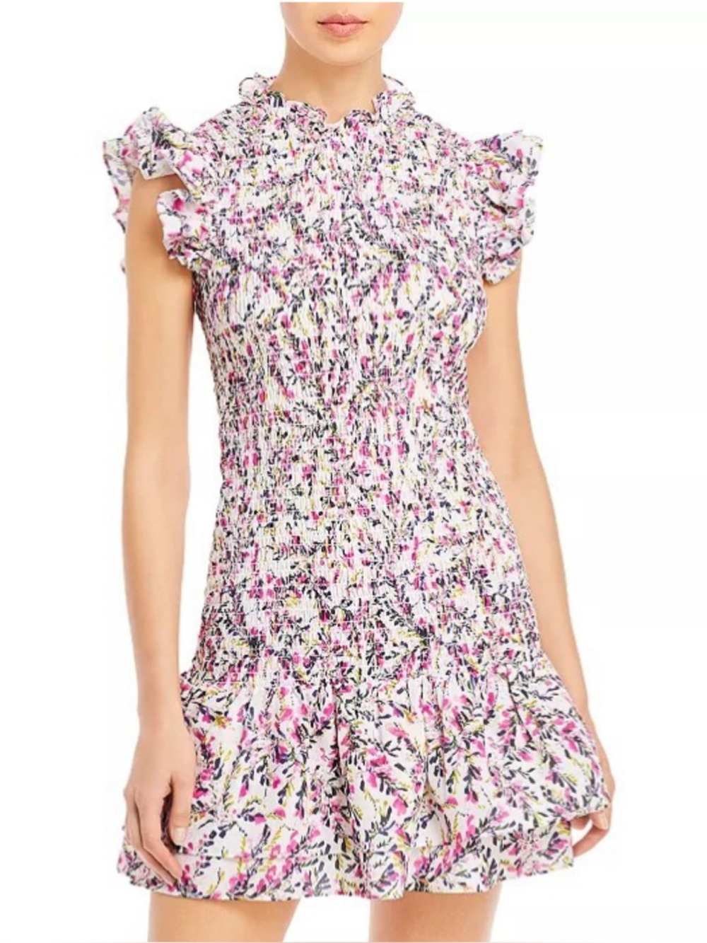 French Connection Elao Verona Printed Smocked Ruffle Dress in Pink - Picture 2 of 8